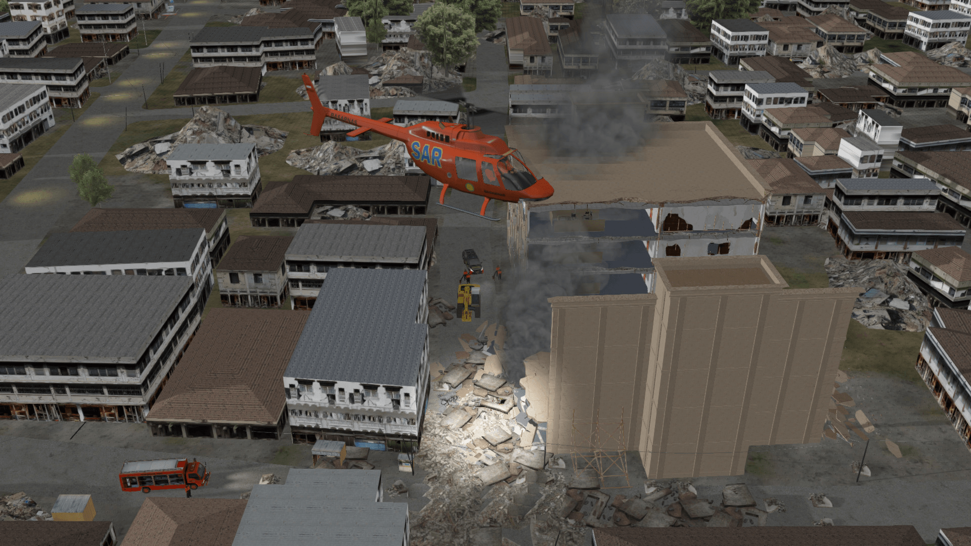 Search and Rescue helicopter above a wrecked area to support ground forces in searching survivors during simulation training.